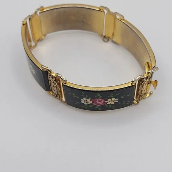 Vintage Hand Painted Floral Panel Bracelet Gold Tone Damascene Made in Spain - Picture 4 of 7